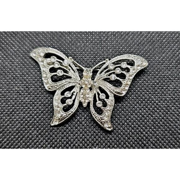 Butterfly Brooch Pin Silvertone with Clear Rhinestones - Picture 1 of 4